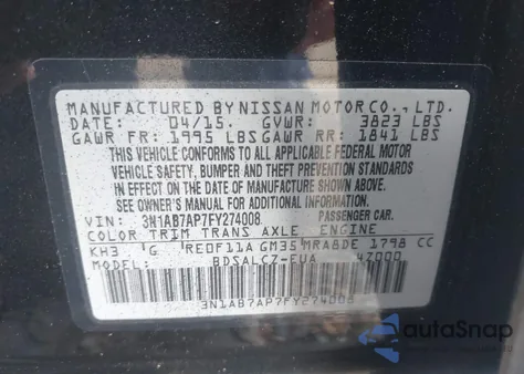 2015 Nissan Sentra S из США, поврежденный, VIN 3N1AB7AP7FY274008